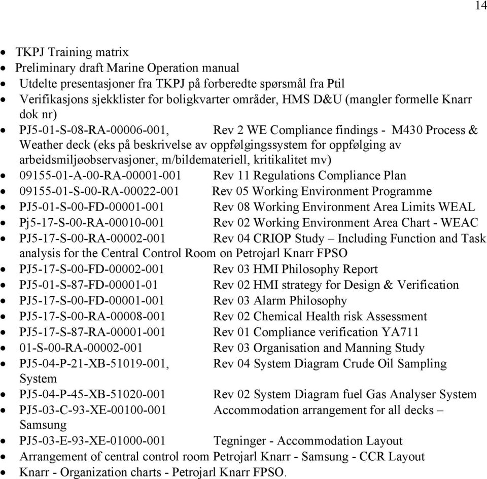 m/bildemateriell, kritikalitet mv) 09155-01-A-00-RA-00001-001 Rev 11 Regulations Compliance Plan 09155-01-S-00-RA-00022-001 Rev 05 Working Environment Programme PJ5-01-S-00-FD-00001-001 Rev 08