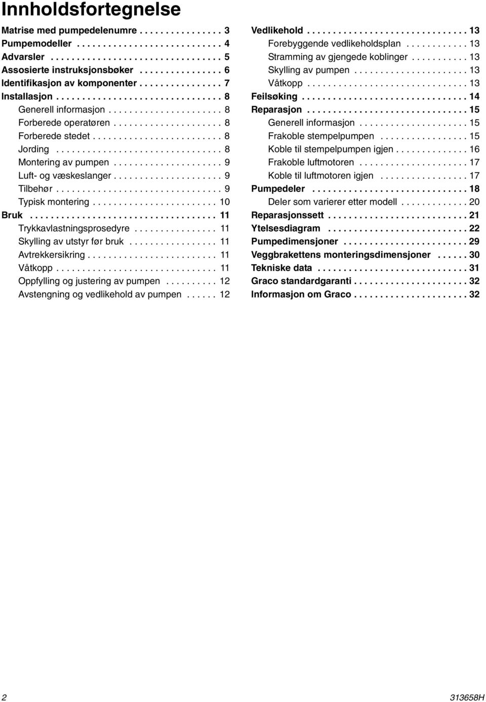 ........................ 8 Jording................................ 8 Montering av pumpen..................... 9 Luft- og væskeslanger..................... 9 Tilbehør................................ 9 Typisk montering.