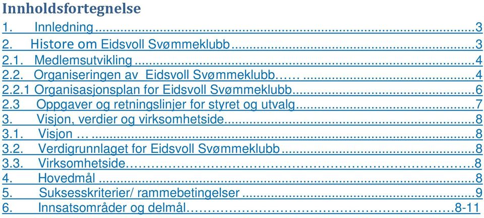 Visjon, verdier og virksomhetside... 8 3.1. Visjon... 8 3.2. Verdigrunnlaget for Eidsvoll Svømmeklubb... 8 3.3. Virksomhetside.