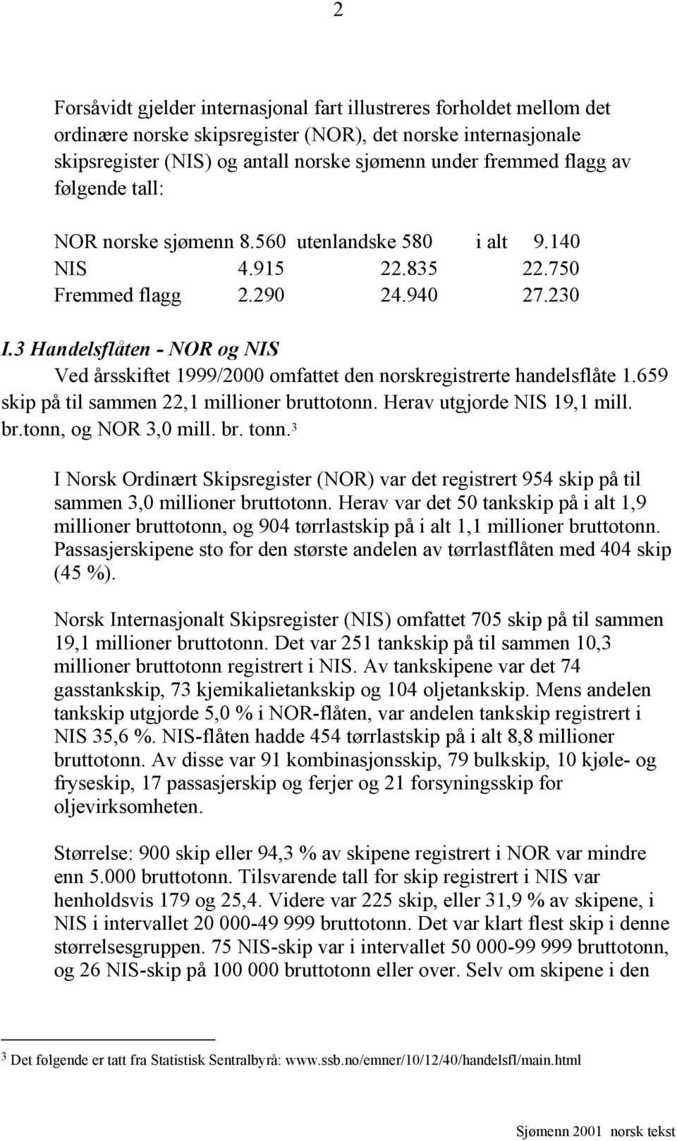3 Handelsflåten - NOR og NIS Ved årsskiftet 1999/2000 omfattet den norskregistrerte handelsflåte 1.659 skip på til sammen 22,1 millioner bruttotonn. Herav utgjorde NIS 19,1 mill. br.tonn, og NOR 3,0 mill.
