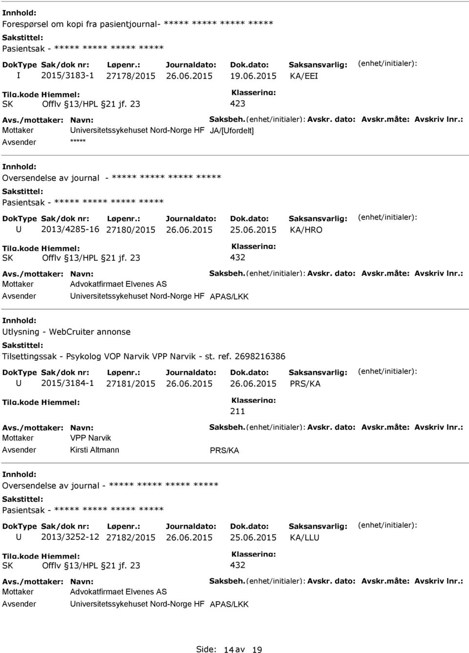 : Mottaker niversitetssykehuset Nord-Norge HF JA/[fordelt] ***** nnhold: Oversendelse av journal - ***** ***** ***** ***** asientsak - ***** ***** ***** ***** 2013/4285-16 27180/2015 Avs.