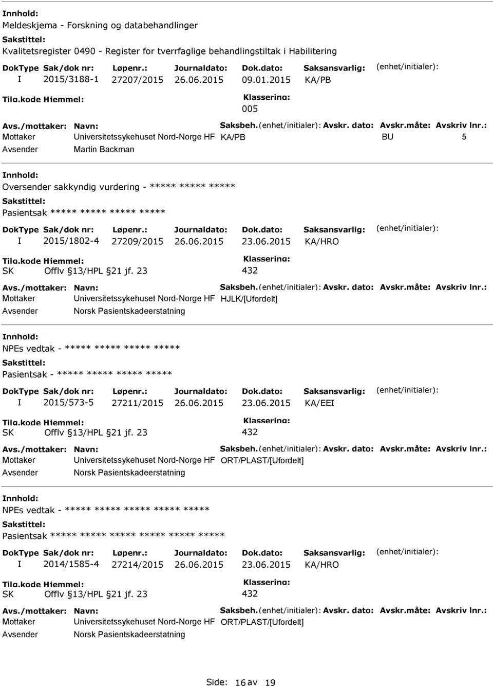 : Mottaker niversitetssykehuset Nord-Norge HF KA/B B 5 Martin Backman nnhold: Oversender sakkyndig vurdering - ***** ***** ***** asientsak ***** ***** ***** ***** 2015/1802-4 27209/2015 23.06.