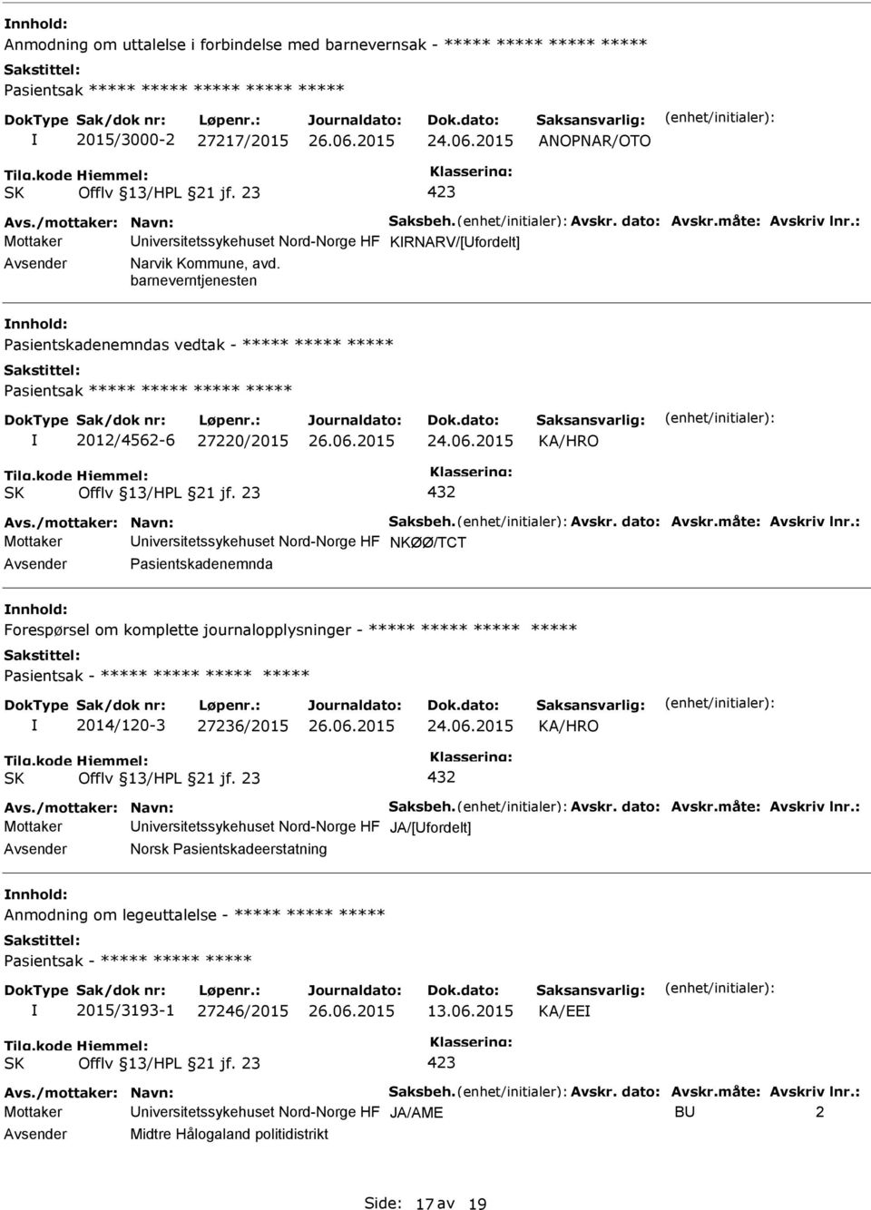 barneverntjenesten nnhold: asientskadenemndas vedtak - ***** ***** ***** asientsak ***** ***** ***** ***** 2012/4562-6 27220/2015 Avs./mottaker: Navn: Saksbeh. Avskr. dato: Avskr.måte: Avskriv lnr.