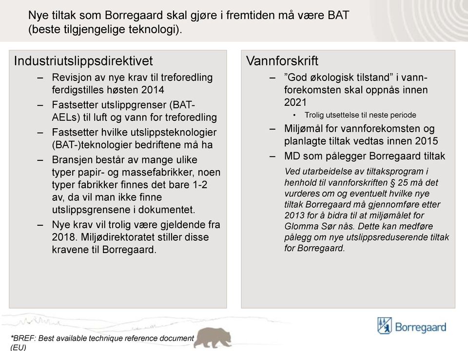 utslippsteknologier (BAT-)teknologier bedriftene må ha Bransjen består av mange ulike typer papir- og massefabrikker, noen typer fabrikker finnes det bare 1-2 av, da vil man ikke finne