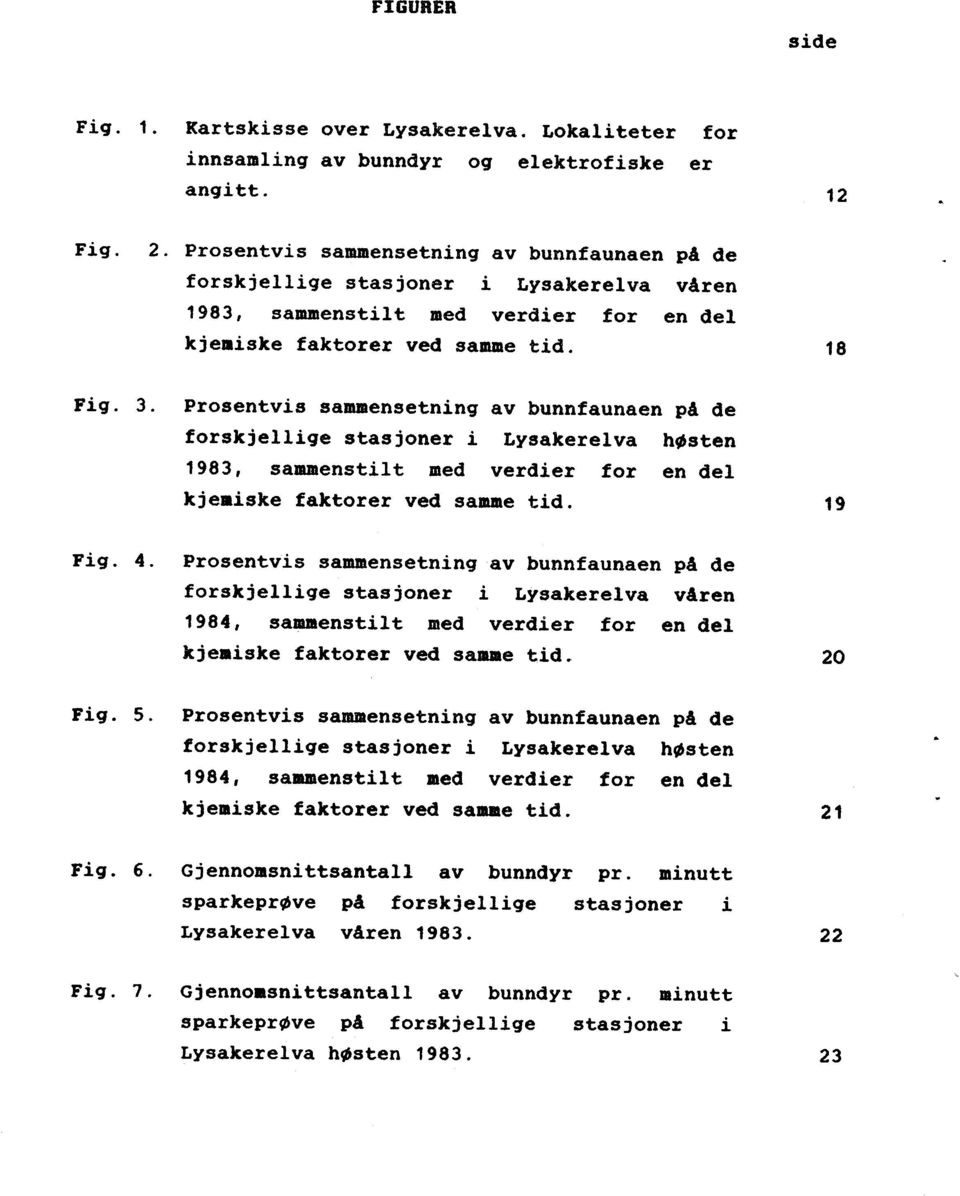 Prosentvis sammensetning av bunnfaunaen på de forskjellige stasjoner i Lysakerelva høsten 1983, sammenstilt med verdier for en del kjemiske faktorer ved samme tid. 19 Fig. 4.