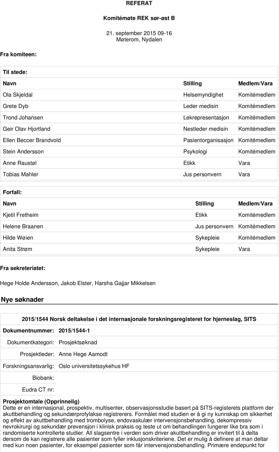 Komitémedlem Geir Olav Hjortland Nestleder medisin Komitémedlem Ellen Beccer Brandvold Pasientorganisasjon Komitémedlem Stein Andersson Psykologi Komitémedlem Anne Raustøl Etikk Vara Tobias Mahler