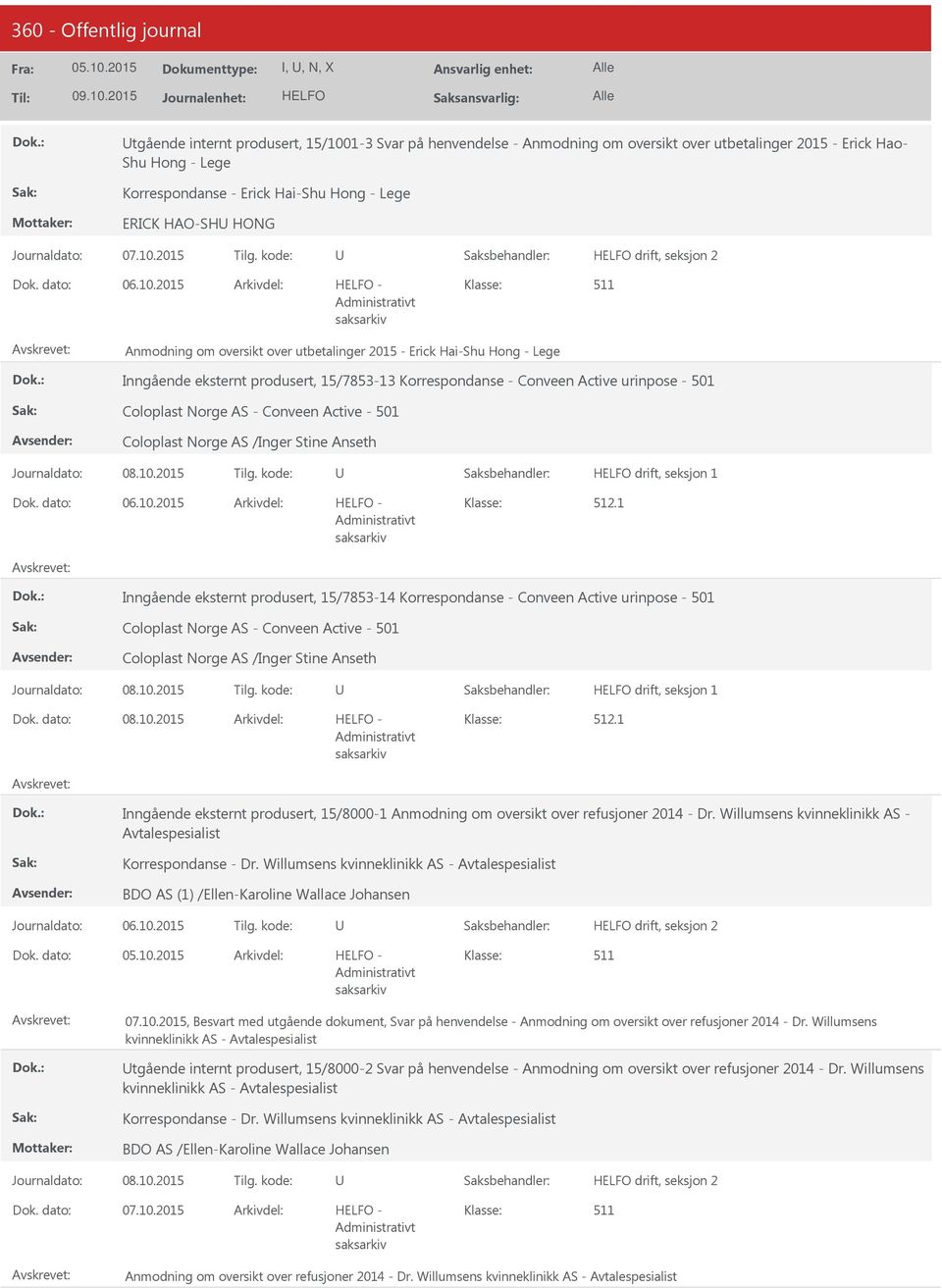 2015 - Anmodning om oversikt over utbetalinger 2015 - Erick Hai-Shu Hong - Lege Inngående eksternt produsert, 15/7853-13 Korrespondanse - Conveen Active urinpose - 501 Coloplast Norge AS - Conveen