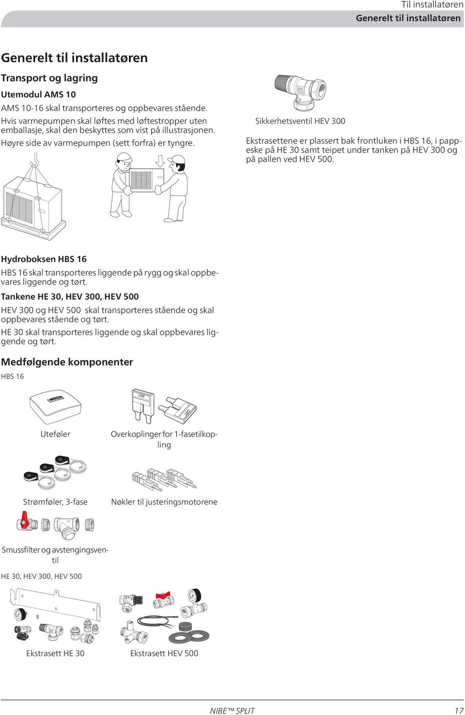 Sikkerhetsventil HEV 300 Ekstrasettene er plassert bak frontluken i HBS 16, i pappeske på HE 30 samt teipet under tanken på HEV 300 og på pallen ved HEV 500.