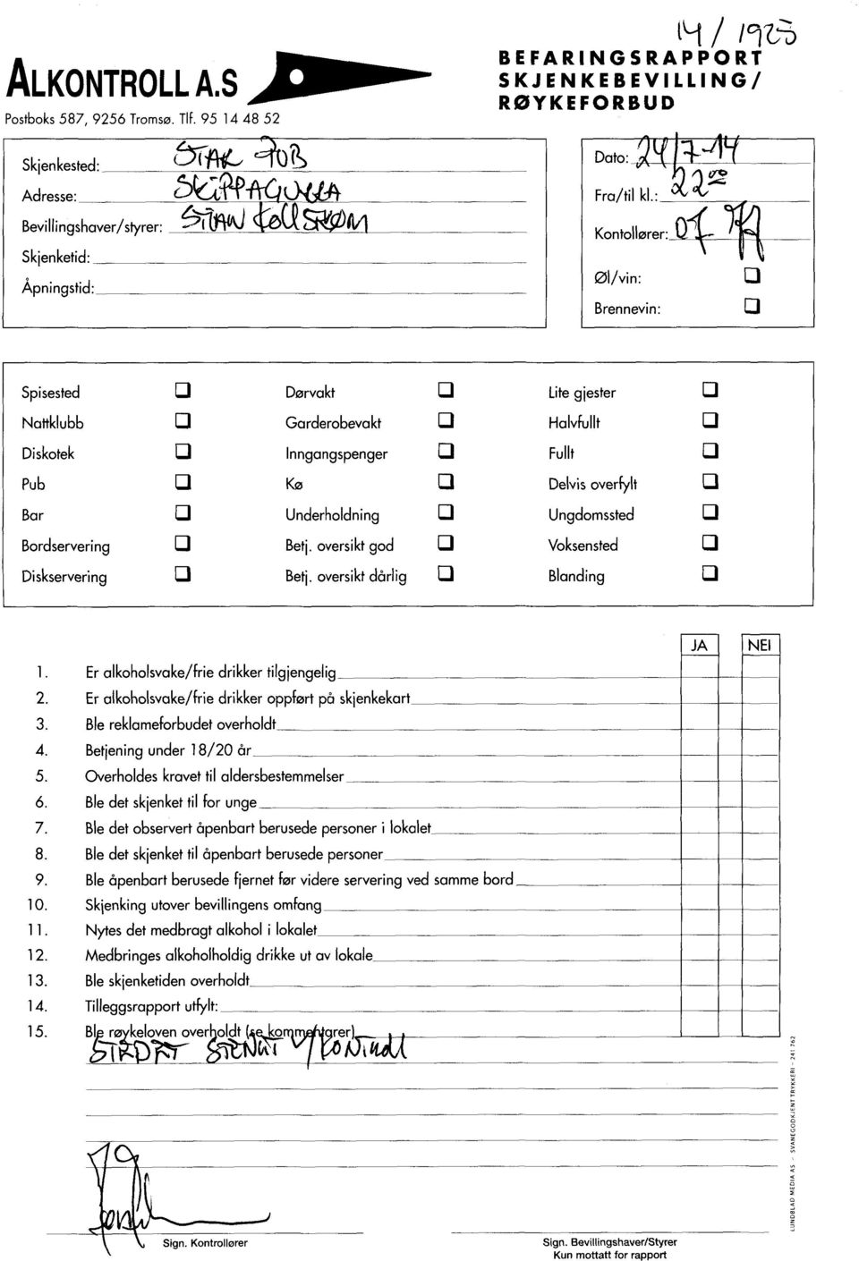 Inngangspenger U Fullt 1:1 Pub U Kø 1.3 Delvisoverfylt U Bar J Underholdning C1 Ungdomssted CI Bordservering CI Betj. oversiktgod CI Voksensted L:1 Diskservering lj Betj.