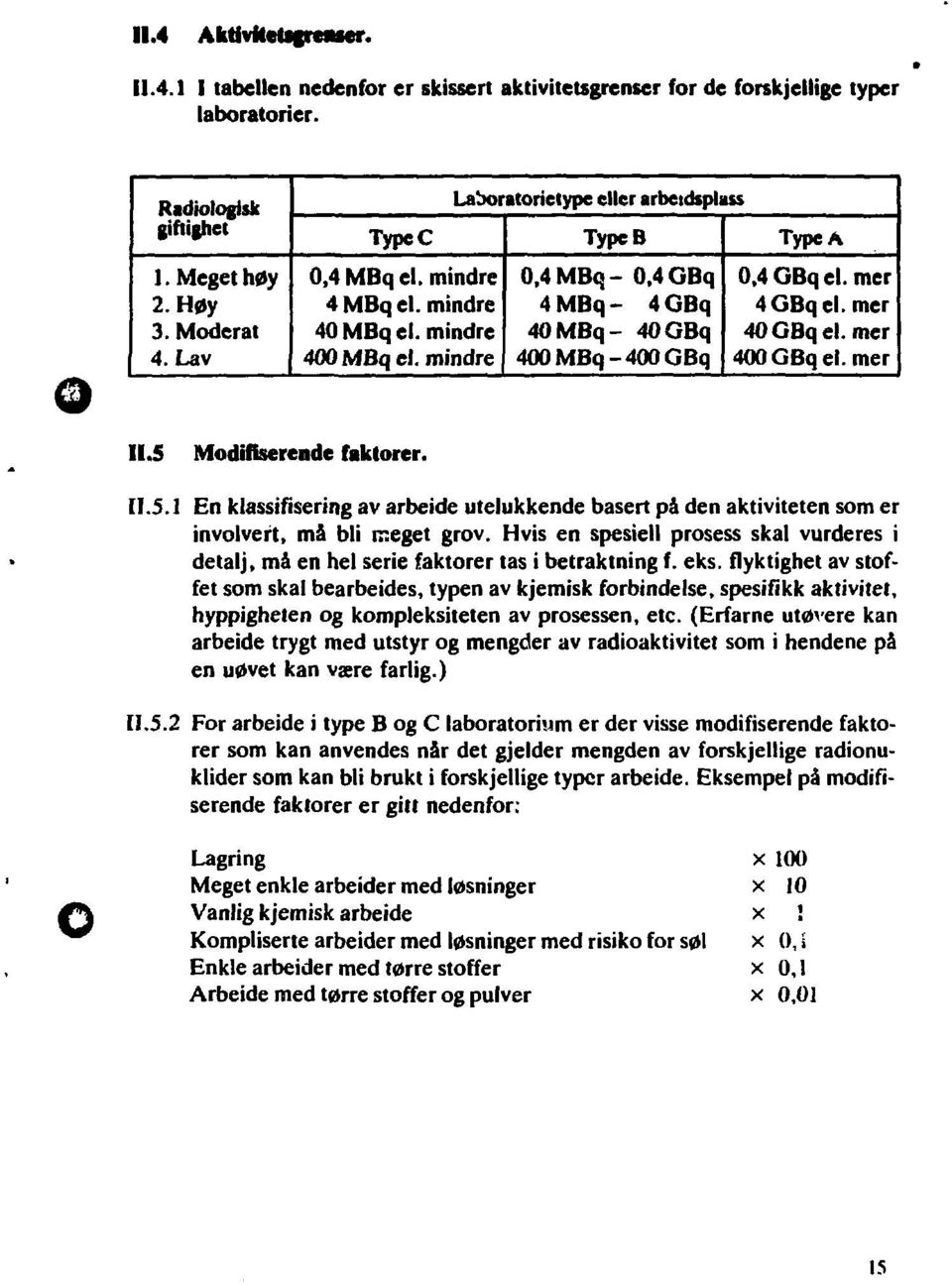 mer 4 GBq el. mer 40 GBq el. mer 400 GBq el. mer 11.5 Modifiserende faklorer. [1.5.1 En klassifisering av arbeide utelukkende basert på den aktiviteten som er involvert, må bli meget grov.