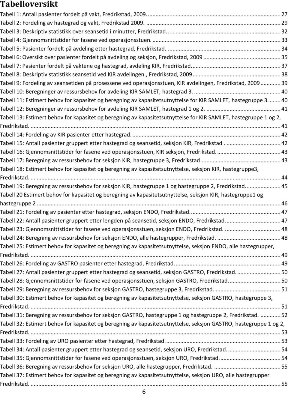 ... 33 Tabell 5: Pasienter fordelt på avdeling etter hastegrad, Fredrikstad.... 34 Tabell 6: Oversikt over pasienter fordelt på avdeling og seksjon, Fredrikstad, 2009.