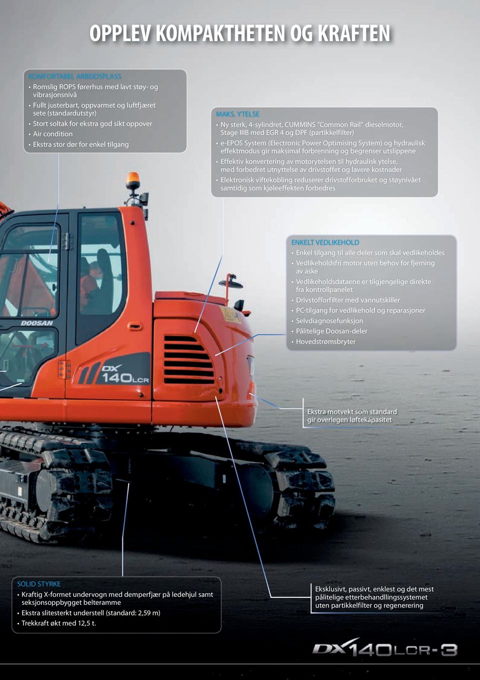 YTELSE Ny sterk, 4-sylindret, CUMMINS Common Rail dieselmotor, Stage IIIB med EGR 4 og DPF (partikkelfilter) e-epos System (Electronic Power Optimising System) og hydraulisk effektmodus gir maksimal