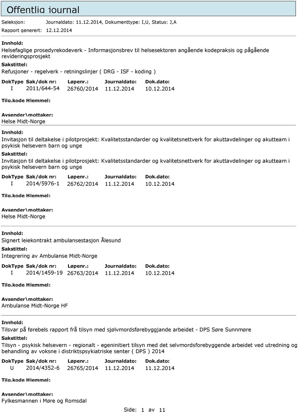 2011/644-54 26760/2014 Helse Midt-Norge nnhold: nvitasjon til deltakelse i pilotprosjekt: Kvalitetsstandarder og kvalitetsnettverk for akuttavdelinger og akutteam i psykisk helsevern barn og unge