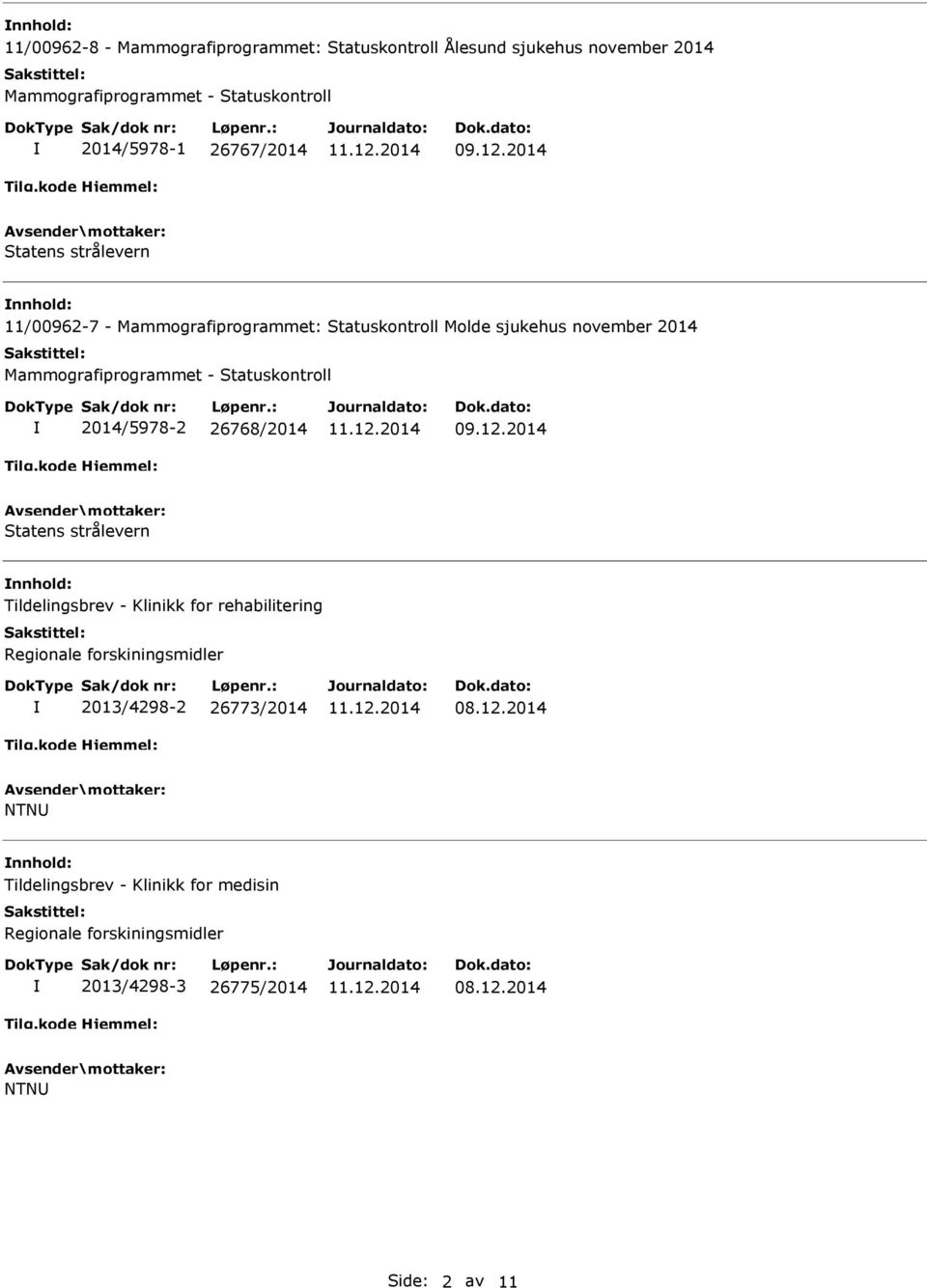 Statuskontroll 2014/5978-2 26768/2014 Statens strålevern nnhold: Tildelingsbrev - Klinikk for rehabilitering Regionale forskiningsmidler