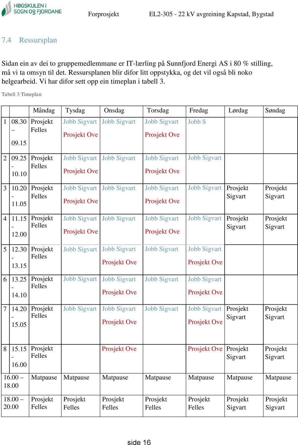 15 Måndag Tysdag Onsdag Torsdag Fredag Lørdag Søndag Ove Ove Jobb S 2 09.25-10.10 Ove Ove 3 10.20-11.05 Ove Ove Sigvart Sigvart 4 11.15-12.00 Ove Ove Sigvart Sigvart 5 12.