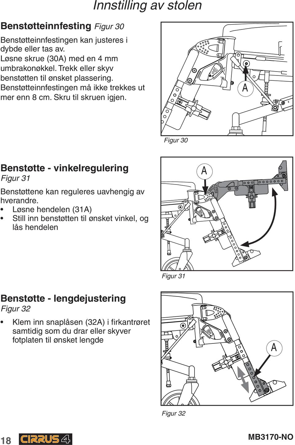 Figur 30 Benstøtte - vinkelregulering Figur 31 Benstøttene kan reguleres uavhengig av hverandre.