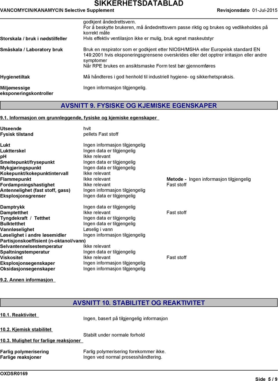 Småskala / Laboratory bruk Hygienetiltak Miljømessige eksponeringskontroller Bruk en respirator som er godkjent etter NIOSH/MSHA eller Europeisk standard EN 149:2001 hvis eksponeringsgrensene