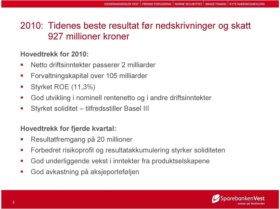 Styrket soliditet tilfredsstiller Basel III Hovedtrekk for fjerde kvartal: Resultatfremgang på 20 millioner Forbedret risikoprofil og