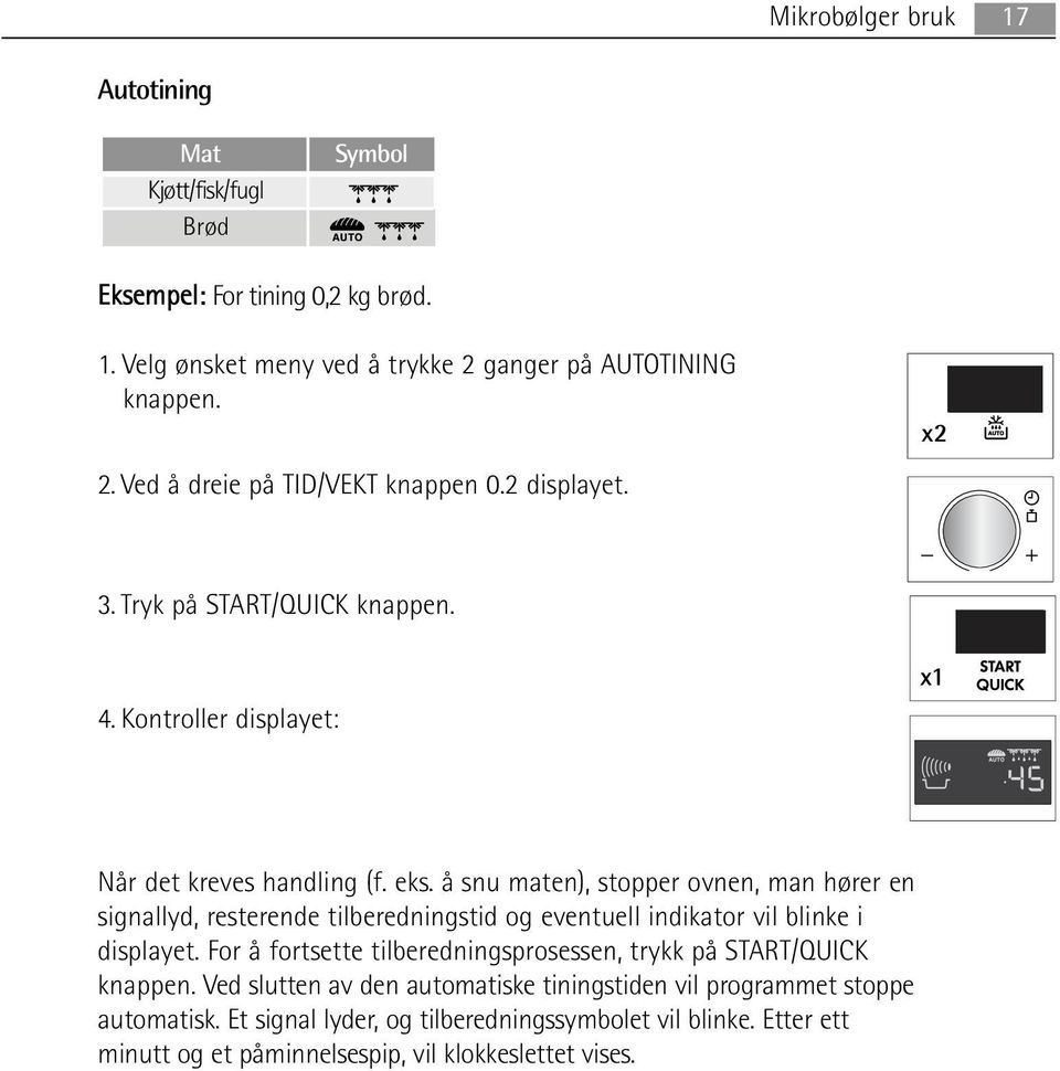 å snu maten), stopper ovnen, man hører en signallyd, resterende tilberedningstid og eventuell indikator vil blinke i displayet.