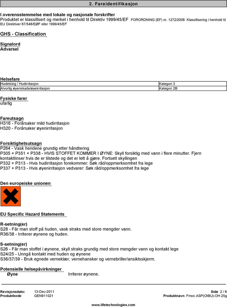 Fareidentifikasjon Helsefare Hudetsing / Hudirritasjon Kategori 3 Alvorlig øyenskade/øyeirritasjon Kategori 2B Fysiske farer ufarlig Fareutsagn H316 - Forårsaker mild hudirritasjon H320 - Forårsaker