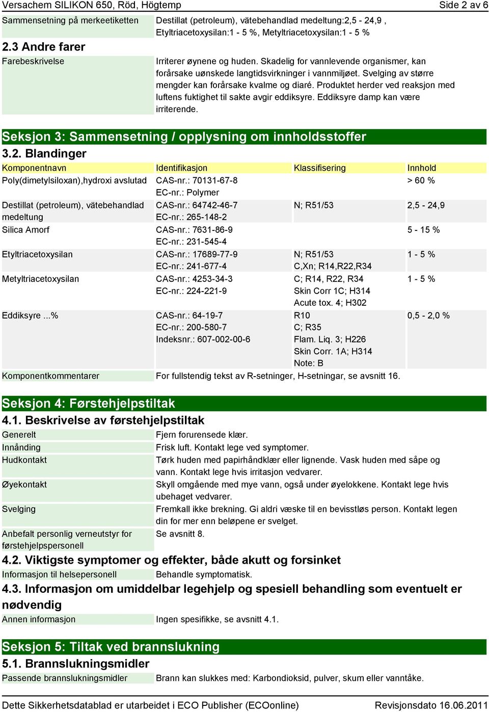 Svelging av større mengder kan forårsake kvalme og diaré. Produktet herder ved reaksjon med luftens fuktighet til sakte avgir eddiksyre. Eddiksyre damp kan være irriterende.