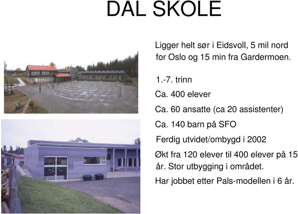 140 barn på SFO Ferdig utvidet/ombygd t/ d i 2002 Økt fra 120 elever til 400
