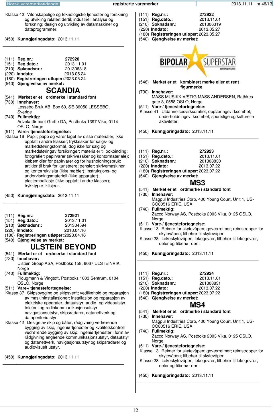 (111) Reg.nr.: 272922 (151) Reg.dato.: 2013.11.01 (210) Søknadsnr.: 201306319 (220) Inndato: 2013.05.27 (180) Registreringen 2023.05.27 (111) Reg.nr.: 272920 (151) Reg.dato.: 2013.11.01 (210) Søknadsnr.: 201306318 (220) Inndato: 2013.