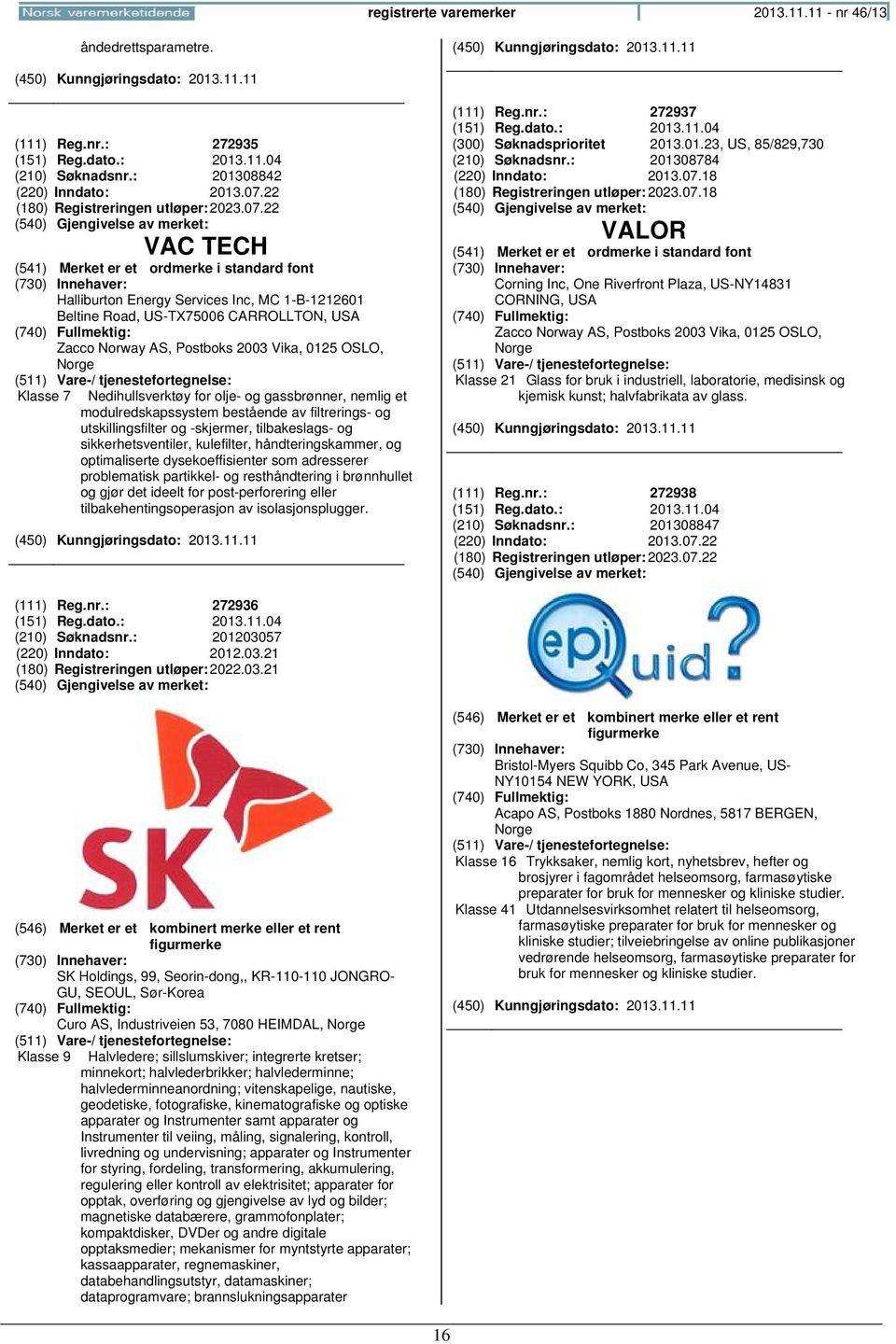 22 VAC TECH Halliburton Energy Services Inc, MC 1-B-1212601 Beltine Road, US-TX75006 CARROLLTON, USA Zacco Norway AS, Postboks 2003 Vika, 0125 OSLO, Klasse 7 Nedihullsverktøy for olje- og