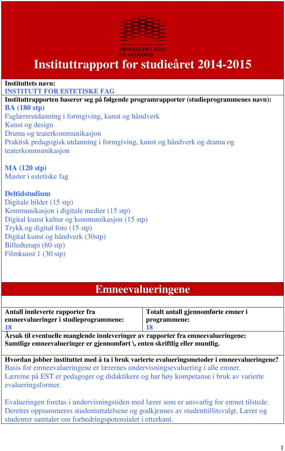 stp) Master i estetiske fag Deltidstudium Digitale bilder (15 stp) Kommunikasjon i digitale medier (15 stp) Digital kunst kultur og kommunikasjon (15 stp) Trykk og digital foto (15 stp) Digital kunst