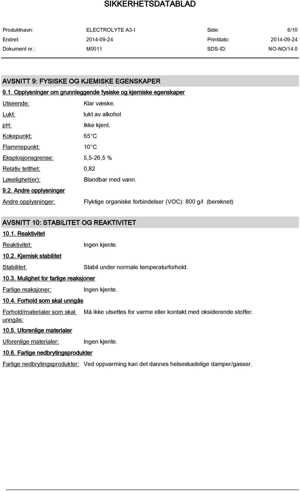 1. Reaktivitet Reaktivitet: 10.2. Kjemisk stabilitet Stabilitet: 10.3. Mulighet for farlige reaksjoner Farlige reaksjoner: 10.4. Forhold som skal unngås Forhold/materialer som skal unngås: 10.5.