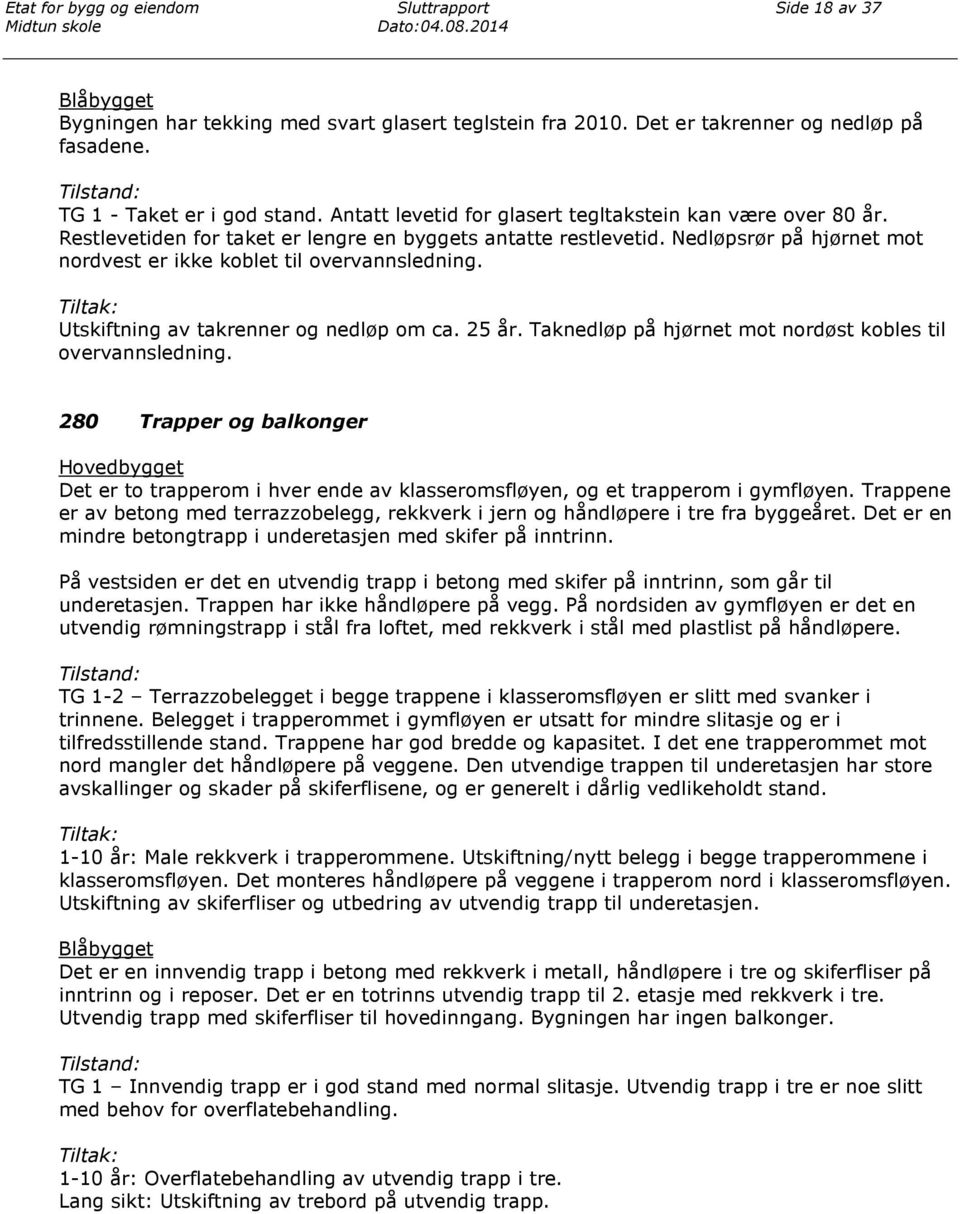 Utskiftning av takrenner og nedløp om ca. 25 år. Taknedløp på hjørnet mot nordøst kobles til overvannsledning.