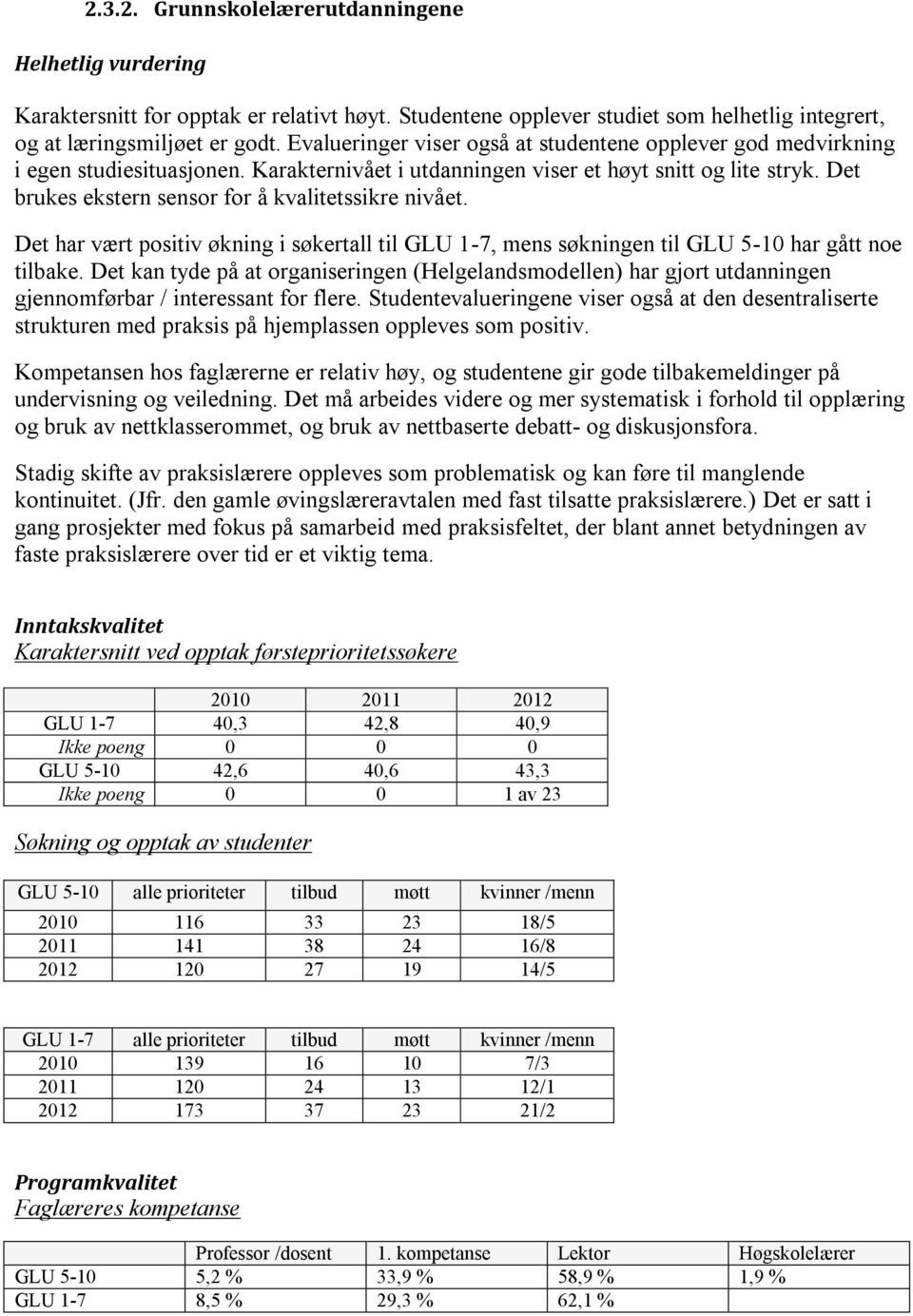 Det brukes ekstern sensor for å kvalitetssikre nivået. Det har vært positiv økning i søkertall til GLU 1-7, mens søkningen til GLU 5-10 har gått noe tilbake.