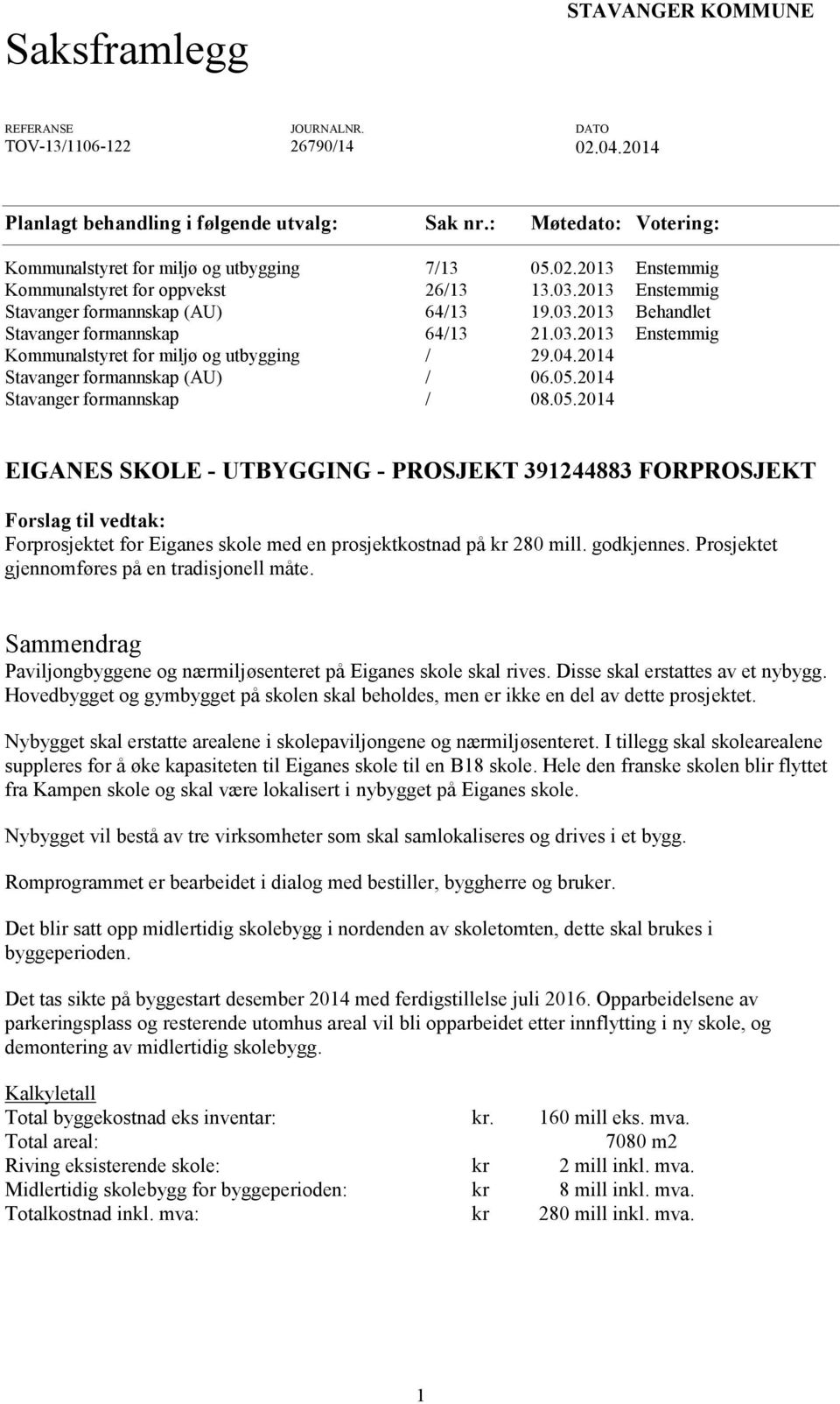 03.2013 Enstemmig Kommunalstyret for miljø og utbygging / 29.04.2014 Stavanger formannskap (AU) / 06.05.