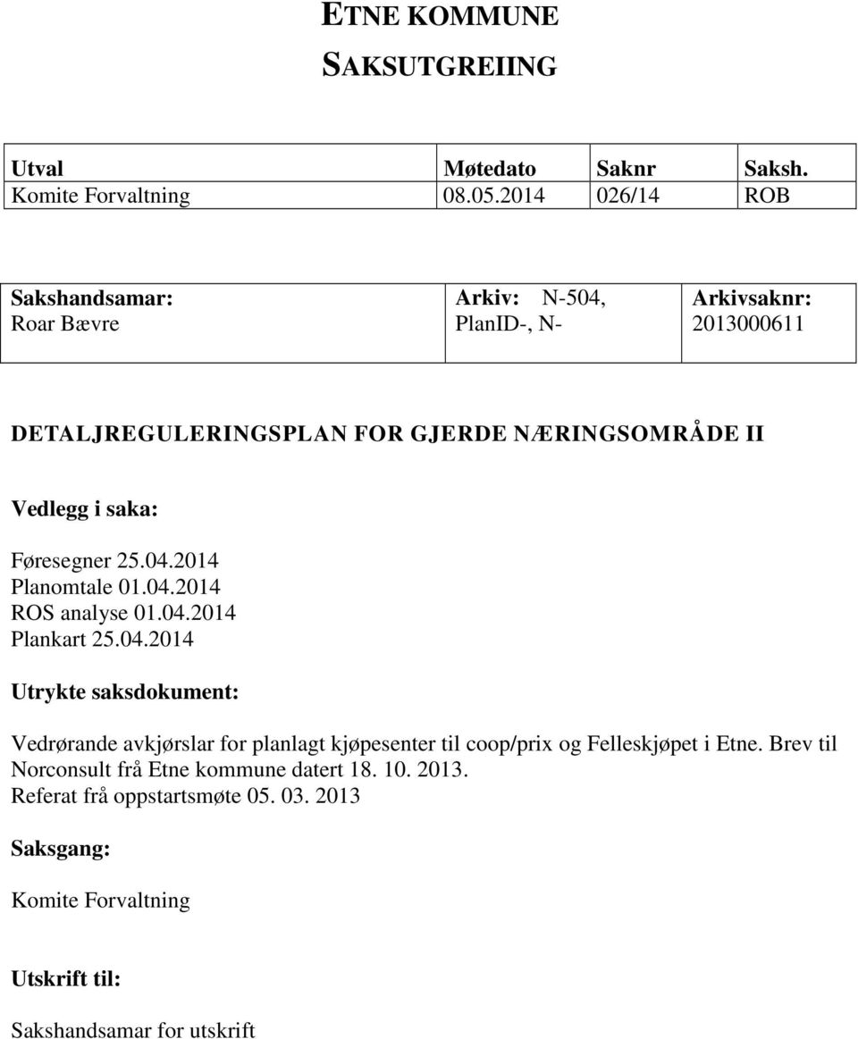 i saka: Føresegner 25.04.2014 Planomtale 01.04.2014 ROS analyse 01.04.2014 Plankart 25.04.2014 Utrykte saksdokument: Vedrørande avkjørslar for planlagt kjøpesenter til coop/prix og Felleskjøpet i Etne.