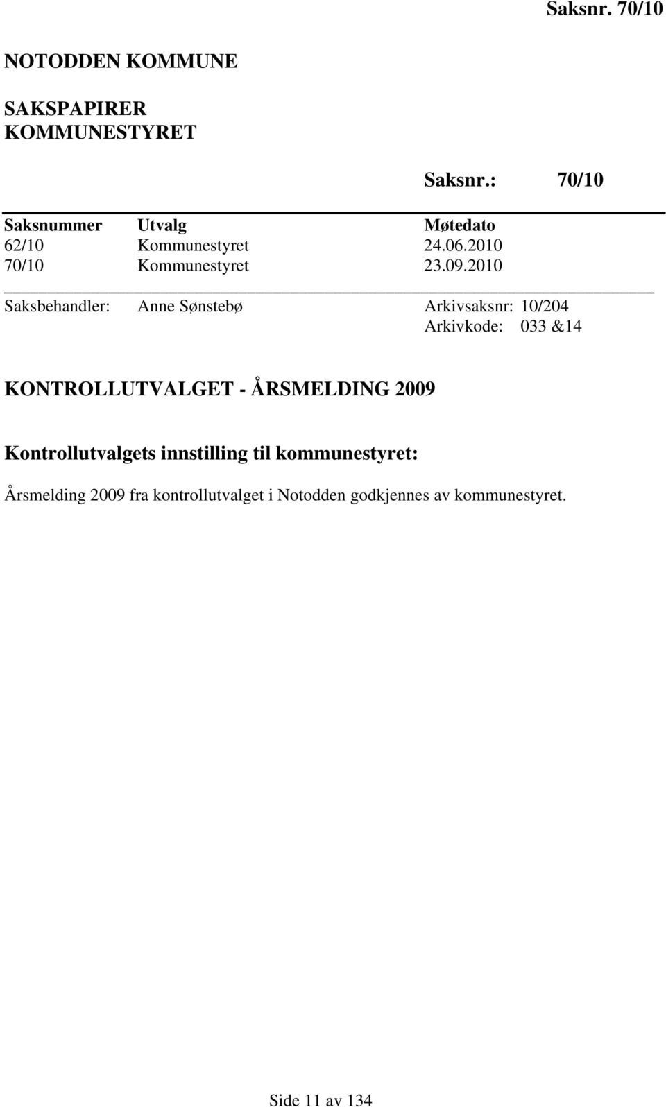 2010 Saksbehandler: Anne Sønstebø Arkivsaksnr: 10/204 Arkivkode: 033 &14 KONTROLLUTVALGET -