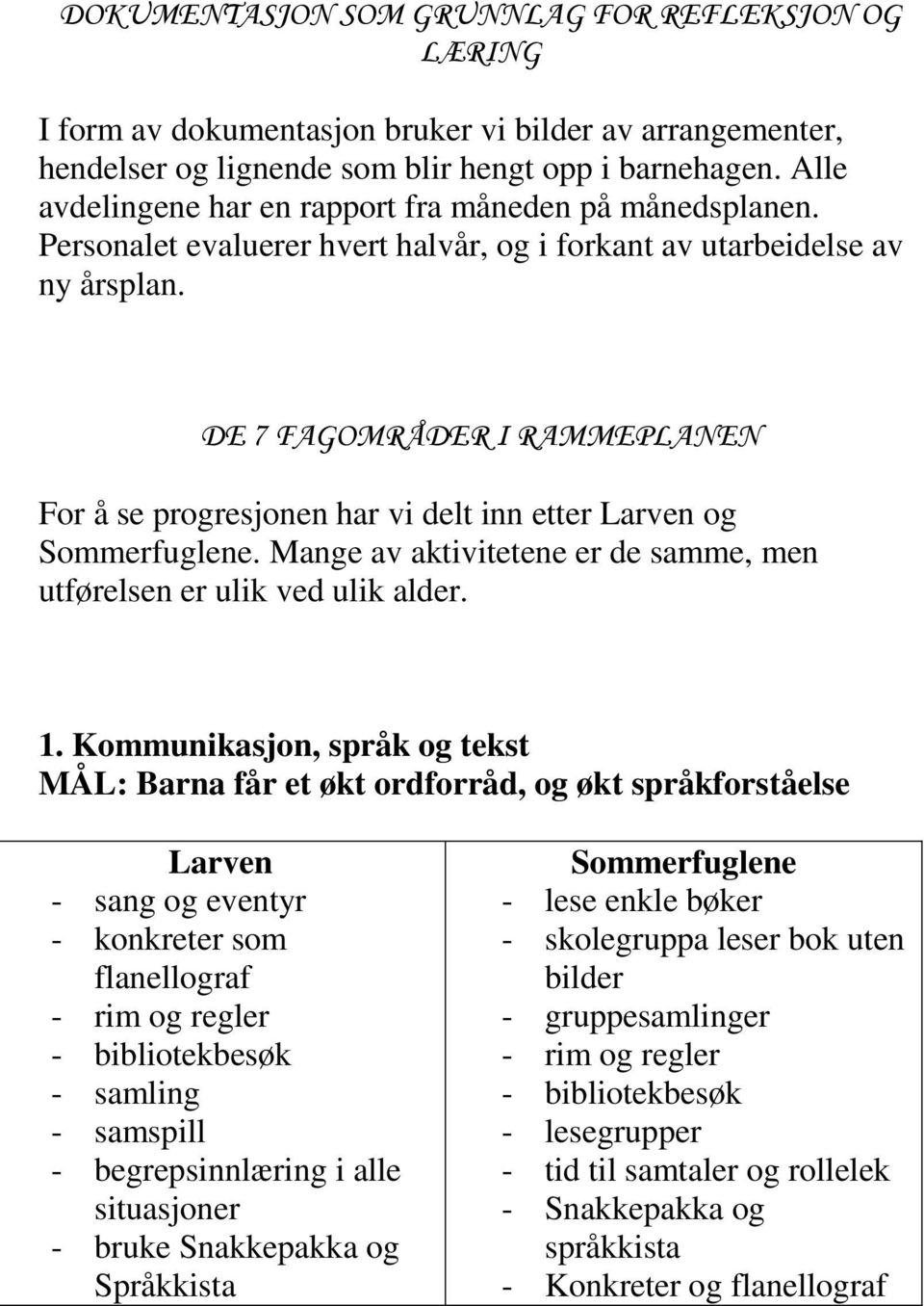 DE 7 FAGOMRÅDER I RAMMEPLANEN For å se progresjonen har vi delt inn etter Larven og Sommerfuglene. Mange av aktivitetene er de samme, men utførelsen er ulik ved ulik alder. 1.