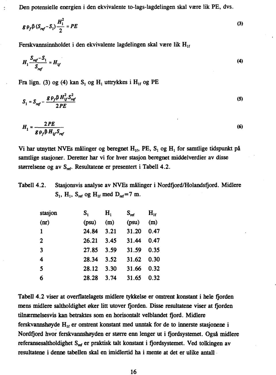 stasjoner. Deretter har vi for hver stasjon beregnet middelverdier av disse størrelsene og av S^. Resultatene er presentert i Tabell 4.2. Tabell 4.2. Stasjonsvis analyse av NVEs malinger i Nordfjord/Holandsfjord.