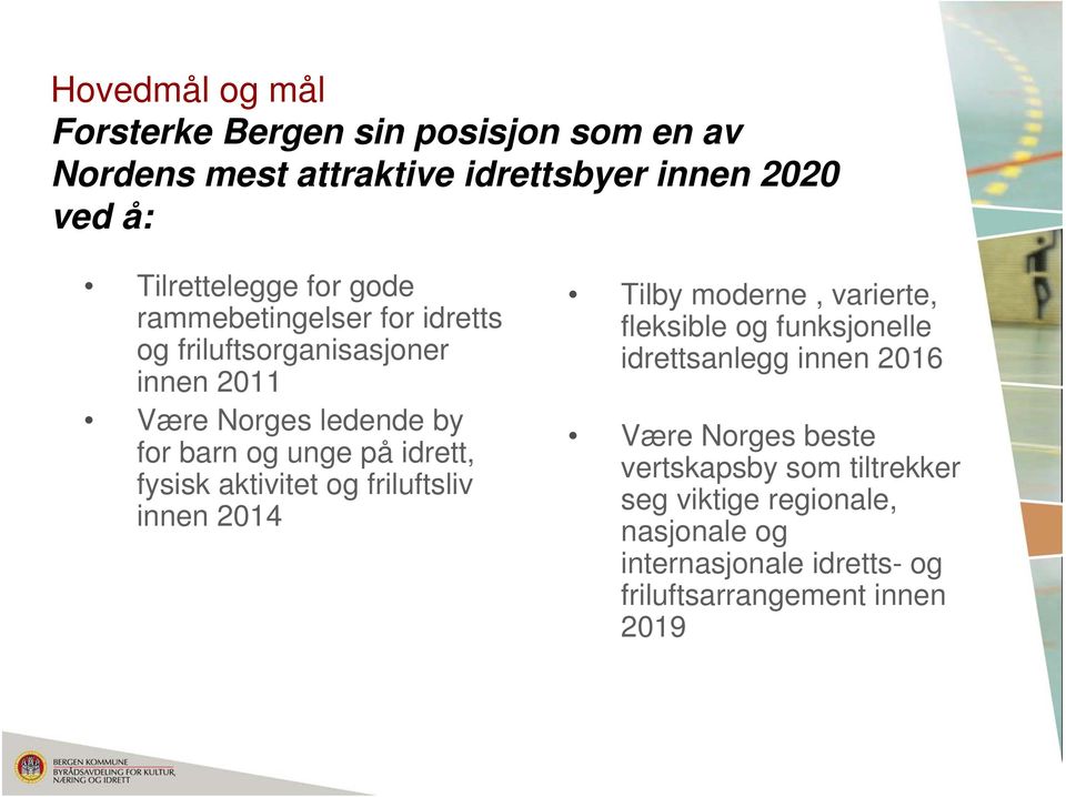 fysisk aktivitet og friluftsliv innen 2014 Tilby moderne, varierte, fleksible og funksjonelle idrettsanlegg innen 2016 Være