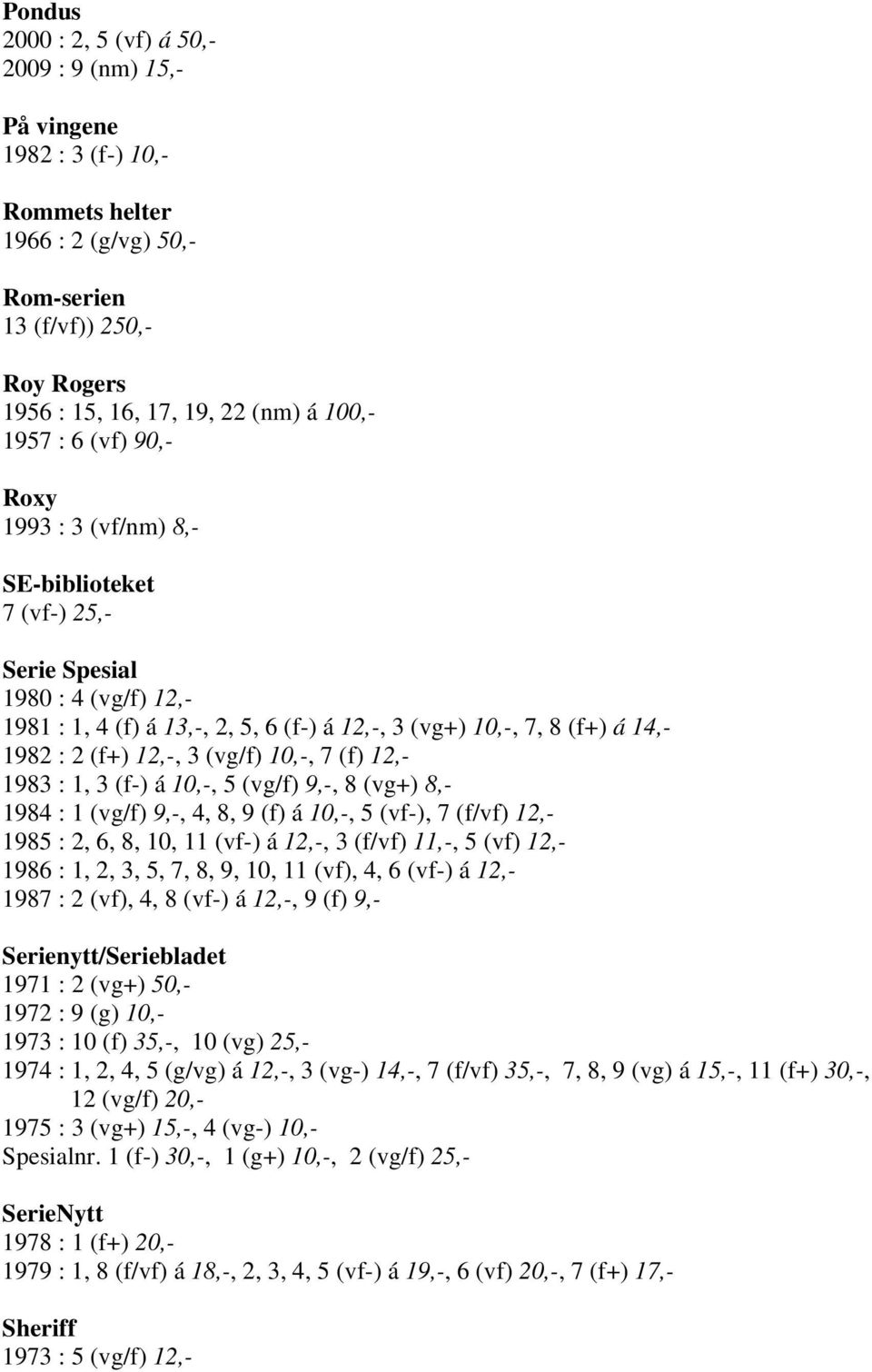 3 (vg/f) 10,-, 7 (f) 12,- 1983 : 1, 3 (f-) á 10,-, 5 (vg/f) 9,-, 8 (vg+) 8,- 1984 : 1 (vg/f) 9,-, 4, 8, 9 (f) á 10,-, 5 (vf-), 7 (f/vf) 12,- 1985 : 2, 6, 8, 10, 11 (vf-) á 12,-, 3 (f/vf) 11,-, 5 (vf)