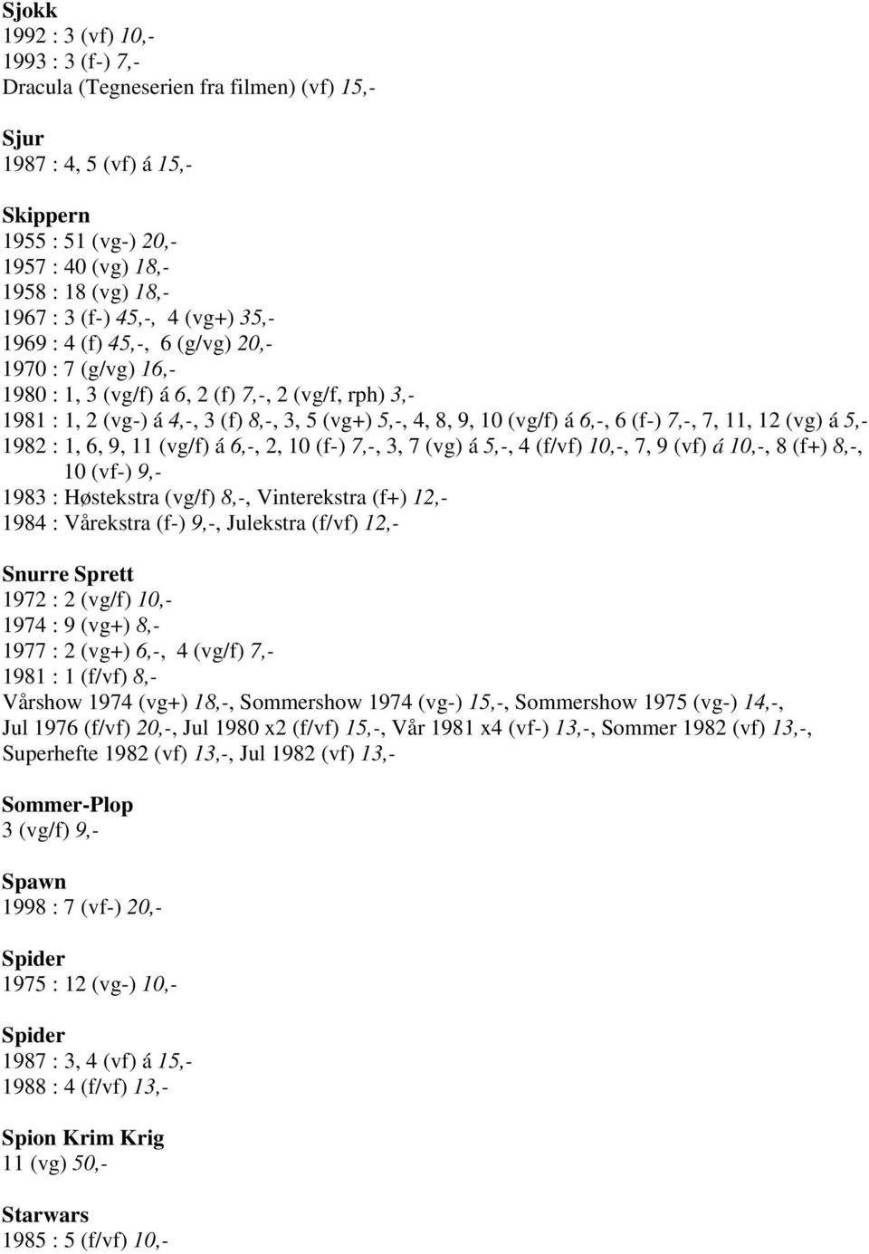 6,-, 6 (f-) 7,-, 7, 11, 12 (vg) á 5,- 1982 : 1, 6, 9, 11 (vg/f) á 6,-, 2, 10 (f-) 7,-, 3, 7 (vg) á 5,-, 4 (f/vf) 10,-, 7, 9 (vf) á 10,-, 8 (f+) 8,-, 10 (vf-) 9,- 1983 : Høstekstra (vg/f) 8,-,