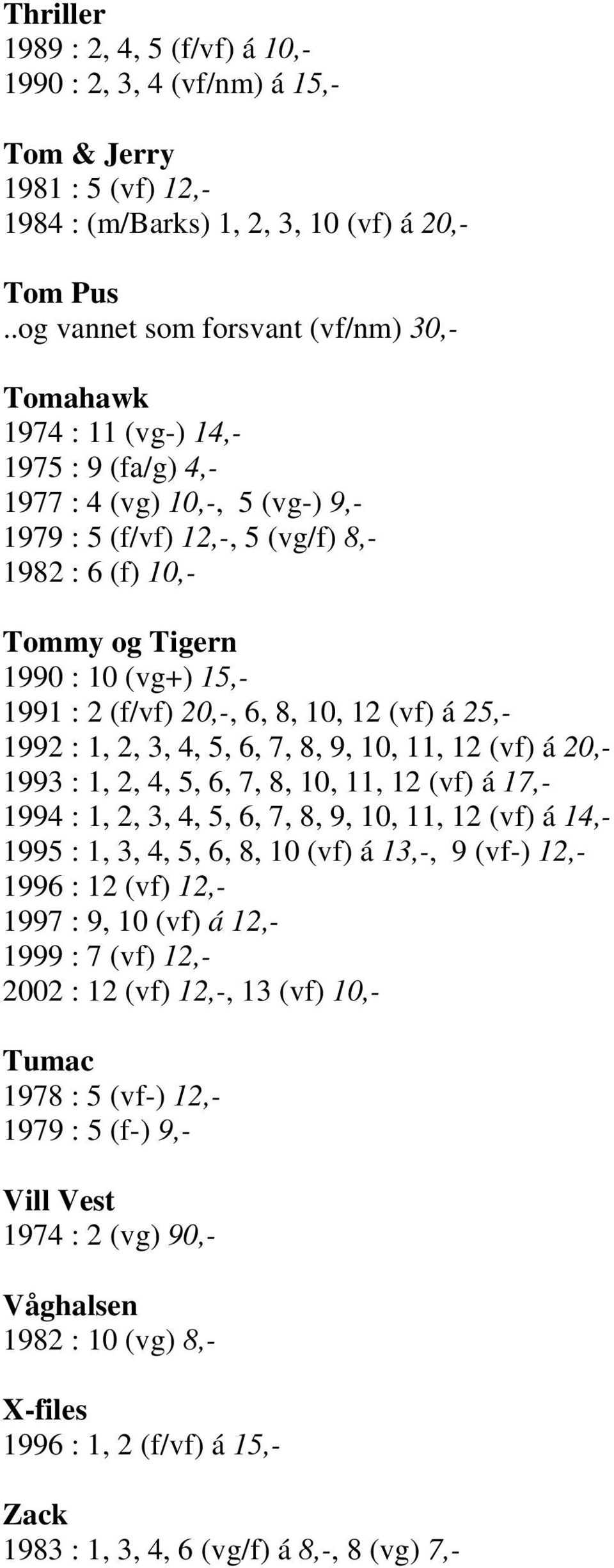 (vg+) 15,- 1991 : 2 (f/vf) 20,-, 6, 8, 10, 12 (vf) á 25,- 1992 : 1, 2, 3, 4, 5, 6, 7, 8, 9, 10, 11, 12 (vf) á 20,- 1993 : 1, 2, 4, 5, 6, 7, 8, 10, 11, 12 (vf) á 17,- 1994 : 1, 2, 3, 4, 5, 6, 7, 8, 9,