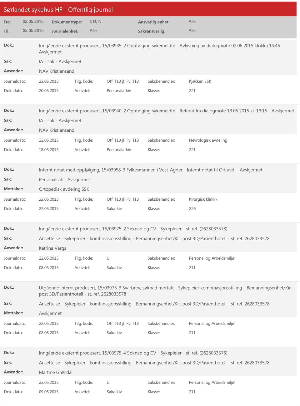 dato: 18.05.2015 Arkivdel: Personalarkiv Internt notat med oppfølging, 15/03958-3 Fylkesmannen i Vest-Agder - Internt notat til Ort avd. - Personalsak - Ortopedisk avdeling SSK Kirurgisk klinikk Dok.