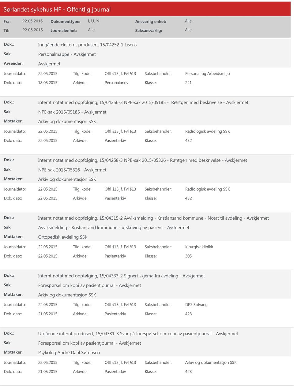 dato: Arkivdel: Pasientarkiv Internt notat med oppfølging, 15/04258-3 NPE-sak 2015/05326 - Røntgen med beskrivelse - NPE-sak 2015/05326 - Radiologisk avdeling SSK Dok.