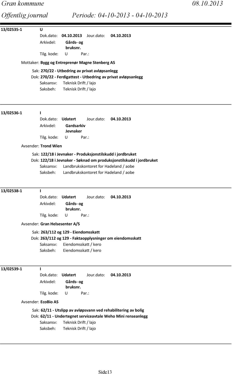 / lajo Saksbeh: Teknisk Drift / lajo 13/02536-1 I Dok.dato: Udatert Jour.dato: 04.10.