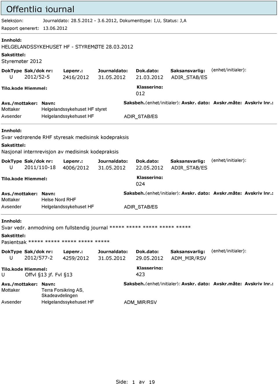 : styret ADR_STAB/ES nnhold: Svar vedrørende RHF styresak medisinsk kodepraksis Nasjonal internrevisjon av medisinsk kodepraksis 2011/110-18 4006/2012 22.05.2012 ADR_STAB/ES 024 Avs.