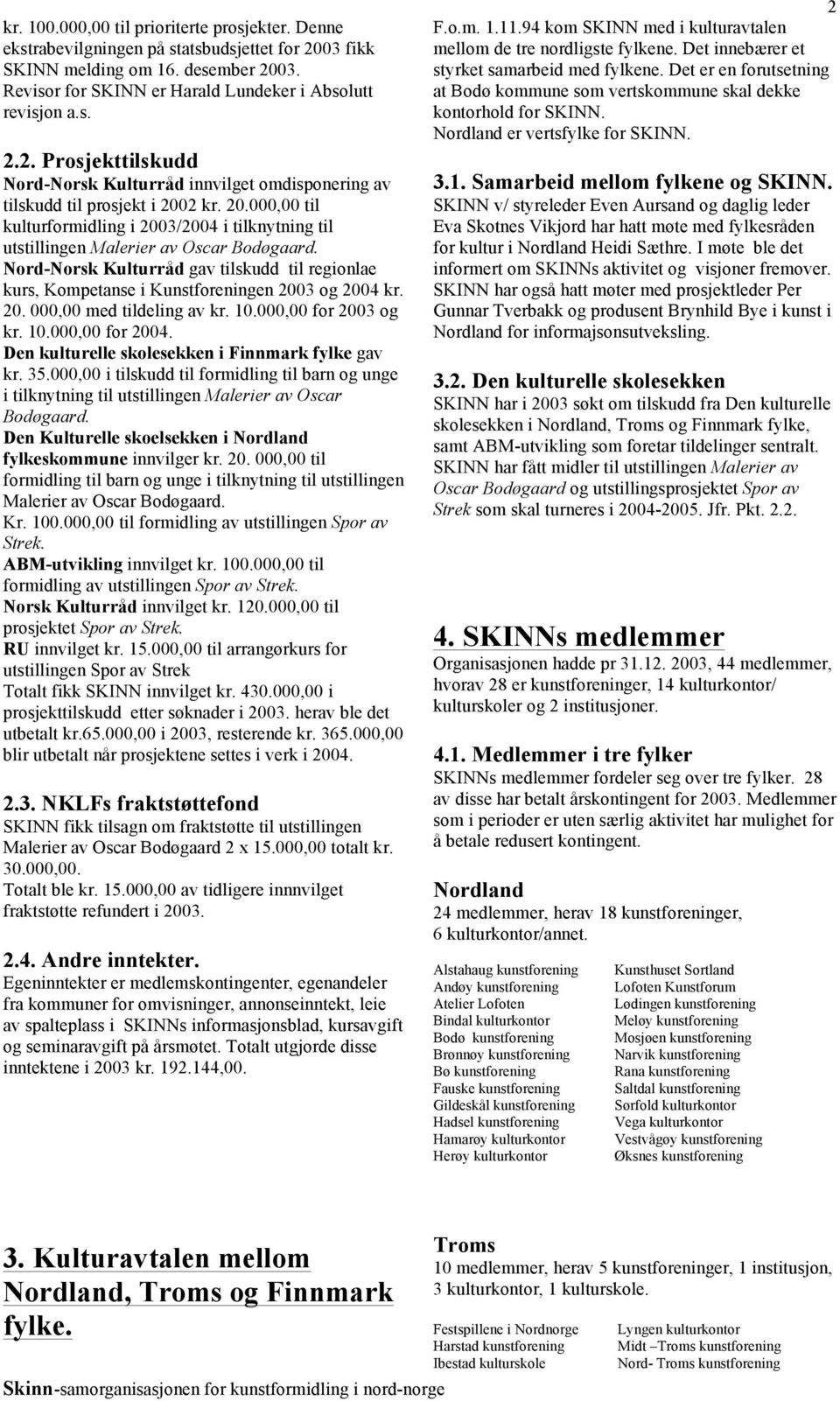 Nord-Norsk Kulturråd gav tilskudd til regionlae kurs, Kompetanse i Kunstforeningen 2003 og 2004 kr. 20. 000,00 med tildeling av kr. 10.000,00 for 2003 og kr. 10.000,00 for 2004.