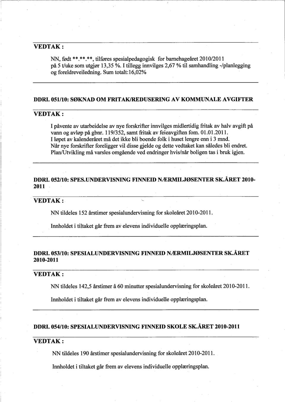 119/352, samt fritak av feieavgiften fom. 01.01.2011. I løpet av kalenderåret mâ det ikke bli boende folk i huset lengre enn i 3 mnd.