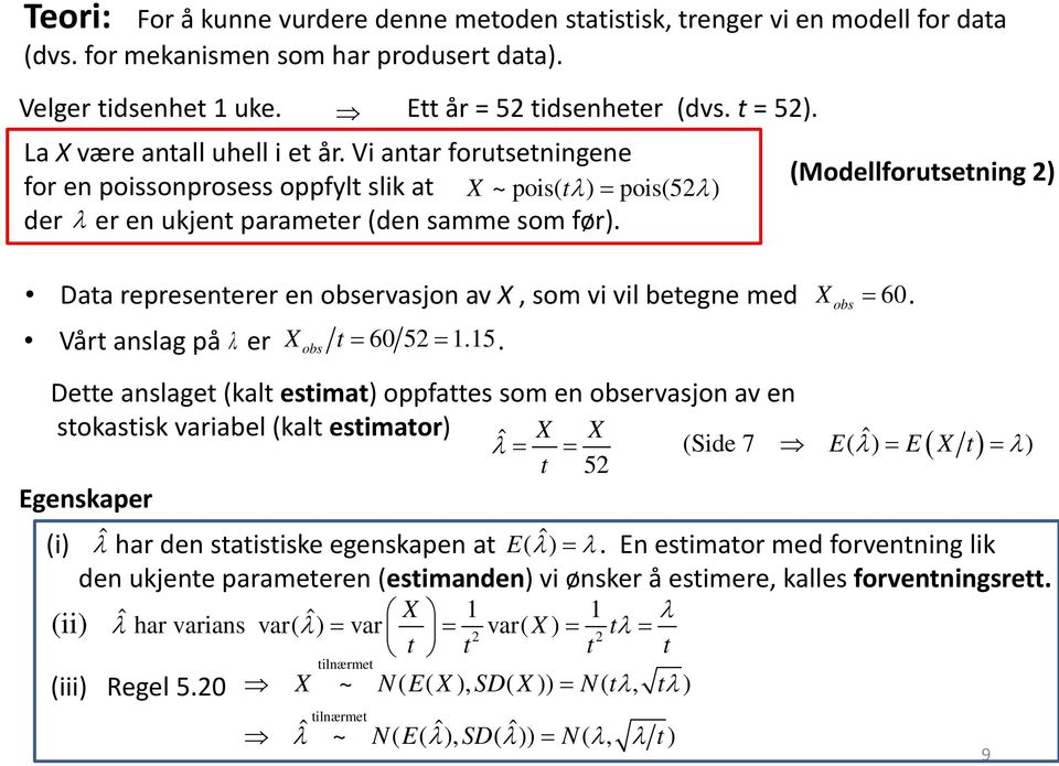 Data represeterer e ervasjo av X, som vi vil betege med X = 60. Vårt aslag på λ er X t = 60 5 = 1.15.