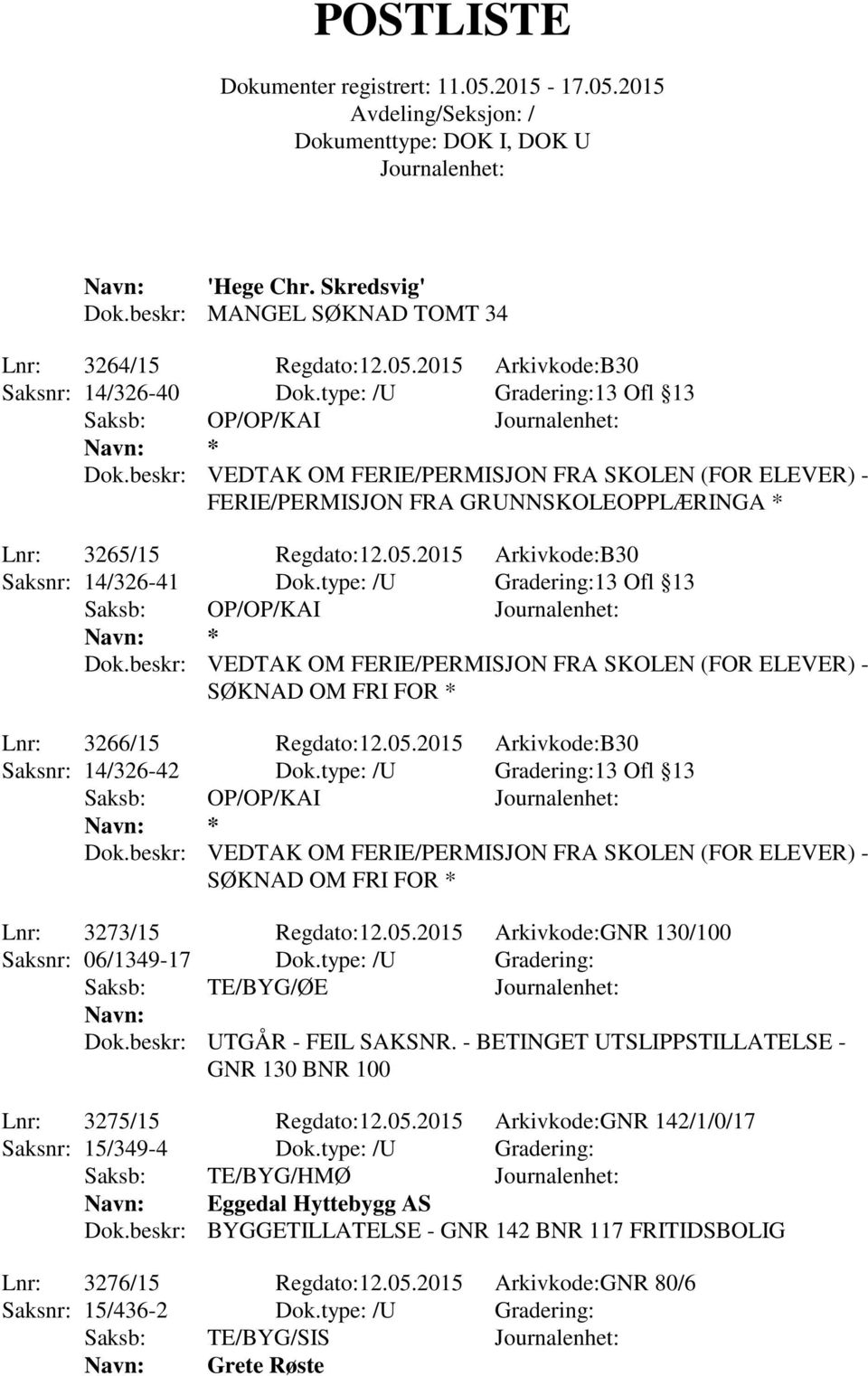 type: /U Gradering:13 Ofl 13 Saksb: OP/OP/KAI Dok.beskr: VEDTAK OM FERIE/PERMISJON FRA SKOLEN (FOR ELEVER) - SØKNAD OM FRI FOR * Lnr: 3266/15 Regdato:12.05.2015 Arkivkode:B30 Saksnr: 14/326-42 Dok.