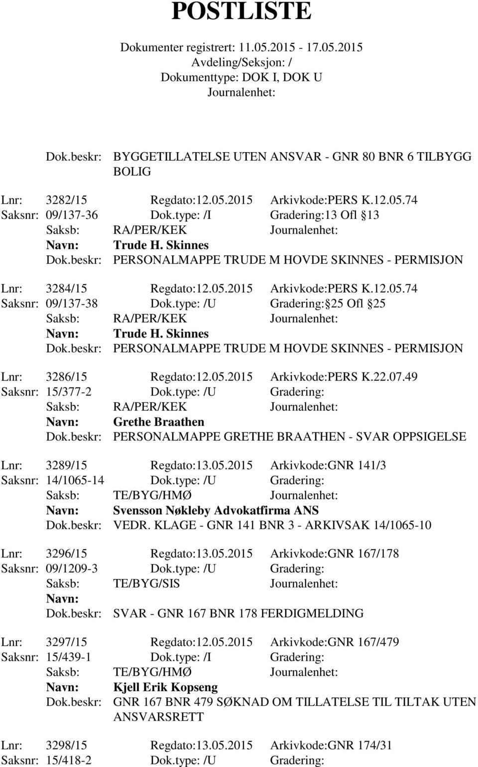 type: /U Gradering: 25 Ofl 25 Saksb: RA/PER/KEK Trude H. Skinnes Dok.beskr: PERSONALMAPPE TRUDE M HOVDE SKINNES - PERMISJON Lnr: 3286/15 Regdato:12.05.2015 Arkivkode:PERS K.22.07.